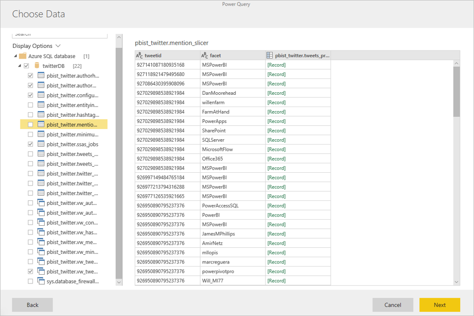 Screenshot of a table selection on the Choose Data screen.