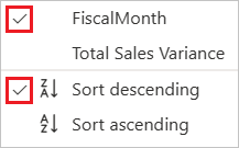 Screenshot that shows check marks next to the selected sort items for the waterfall chart.