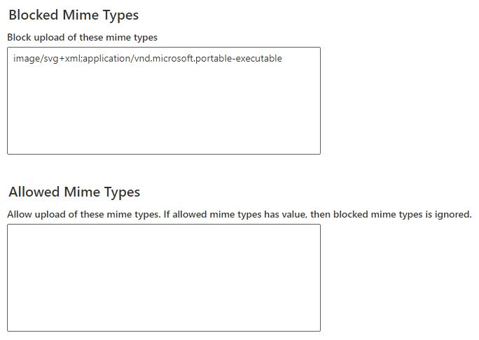 Екранна снимка на блокирани типове MIME в Dataverse настройките за поверителност на средата.