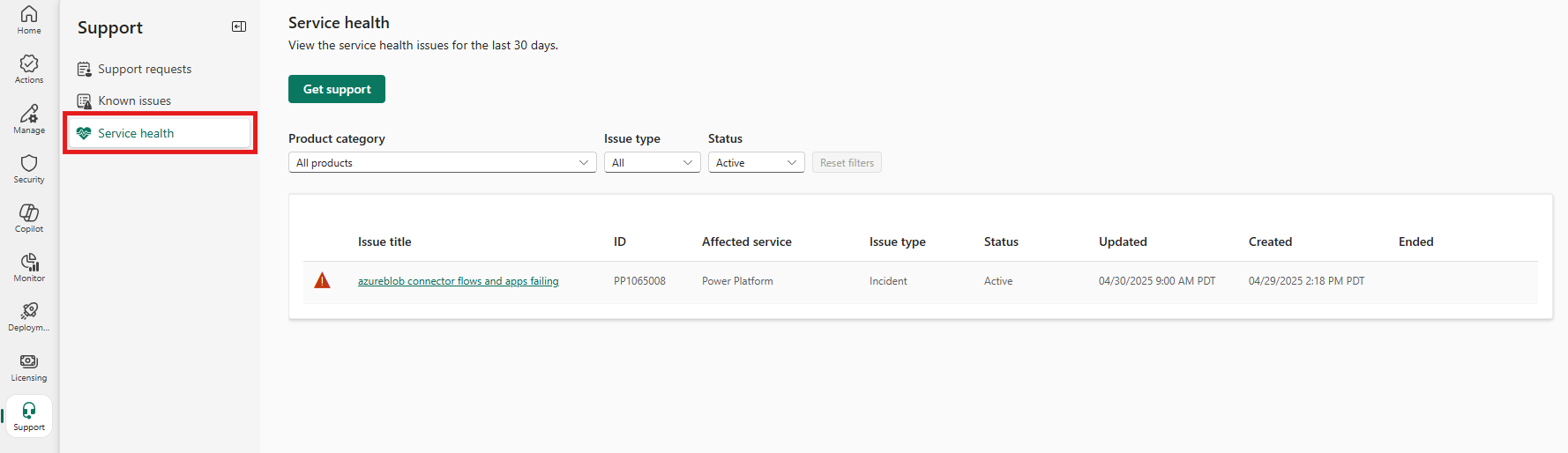 Екранната снимка показва таблото за изправност на услугата в поддръжката