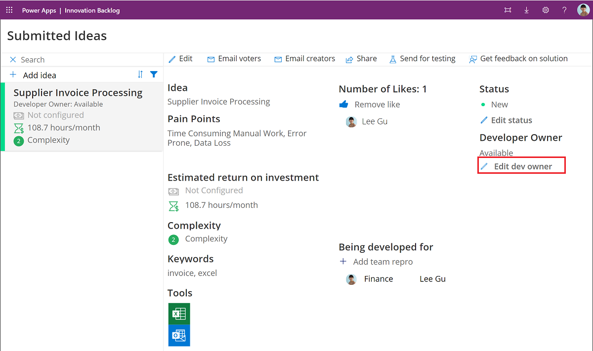 Редактирайте Dev Owner, за да си присвоите собствеността върху развитието на идеята.