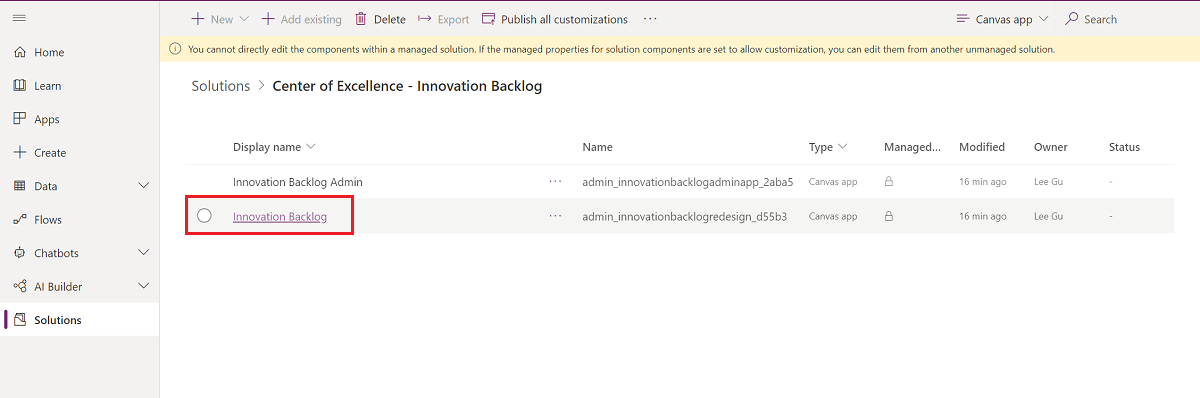 Отворете приложението Innovation Backlog.