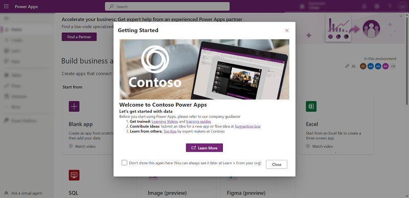 Екранна снимка на приветственото съдържание за създателите в Power Platform 