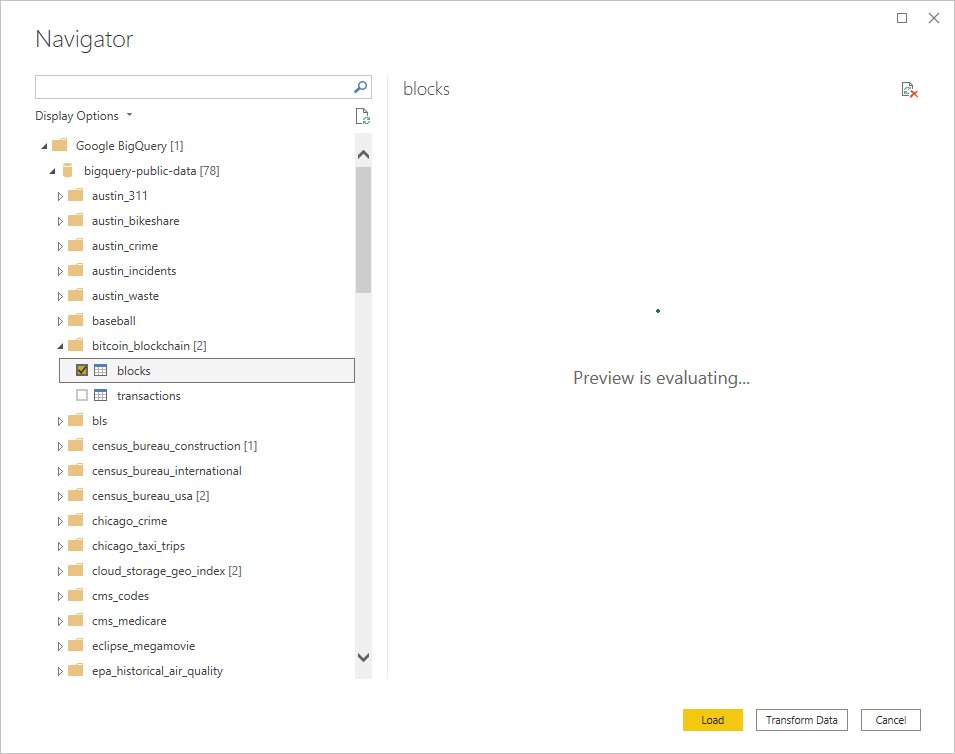 Image of Power Query navigator loading Google BigQuery data to desktop app.