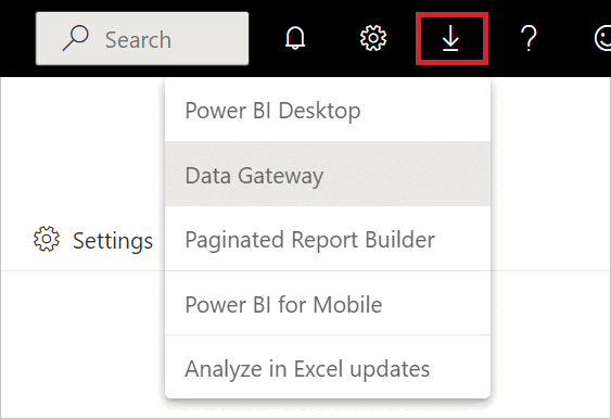 Screenshot of the data gateway selection in Power BI service.