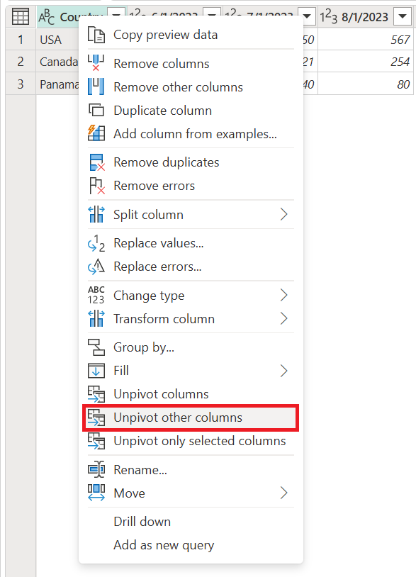 Screenshot of the table with the Country column shortcut menu selected and the Unpivot other columns command in the menu is emphasized.