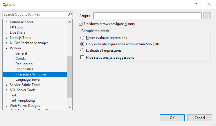 Python options dialog, Interactive Windows tab