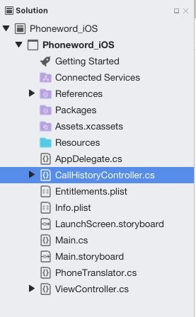 The CallHistoryController.cs file in the Solution Pad