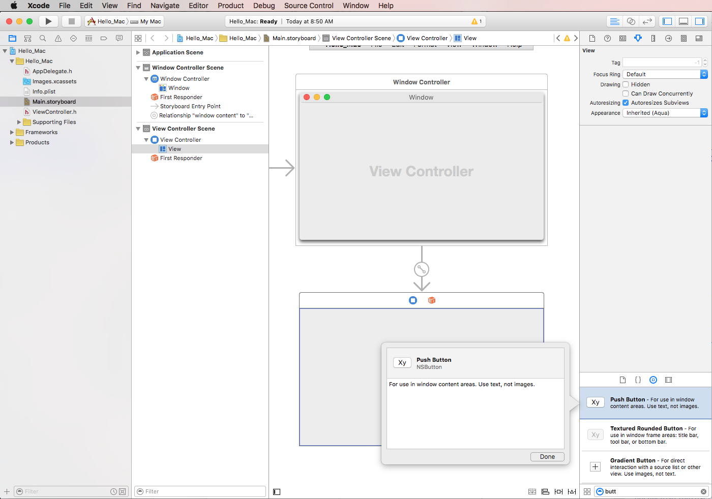 Selecting a NSButton from the Library Inspector