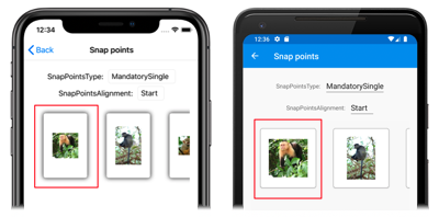 CarouselView with start snap points Screenshot of a CarouselView with start snap points, on iOS and Android