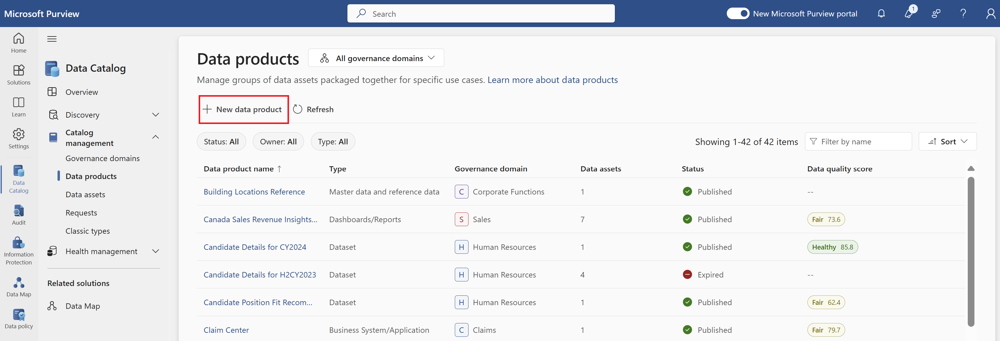 Screenshot of the data products page with the New data product button highlighted.