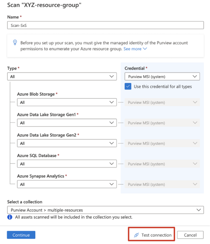 Screenshot showing the scan setup slider, with the Test Connection button highlighted.