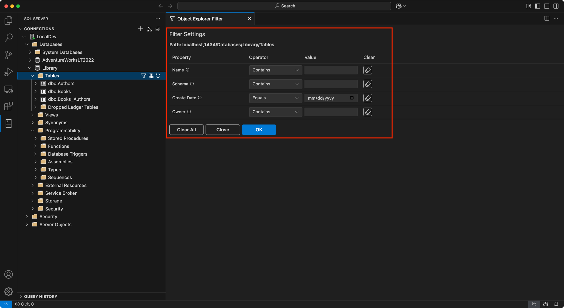 Screenshot of the object explorer filter feature.