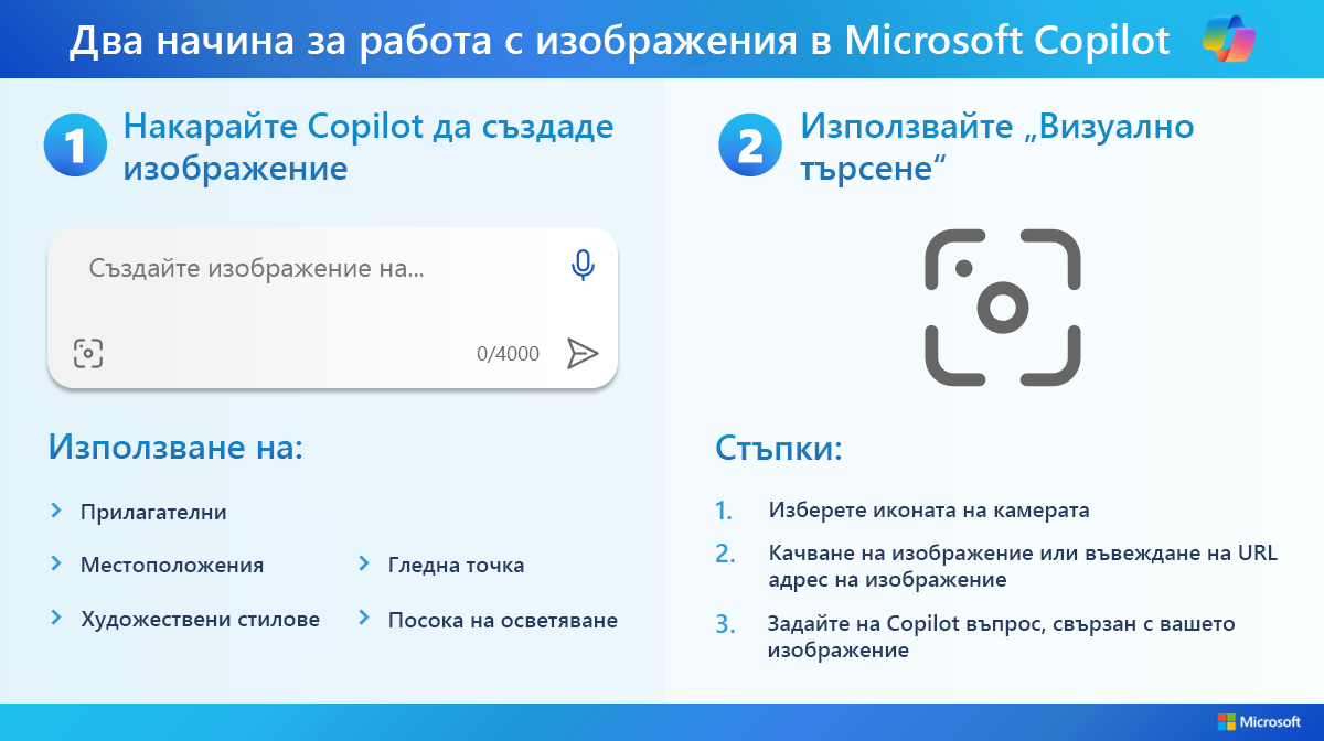 Инфографика за два начина за работа с изображения в Microsoft Copilot. Изберете следната връзка за достъпната PDF версия.