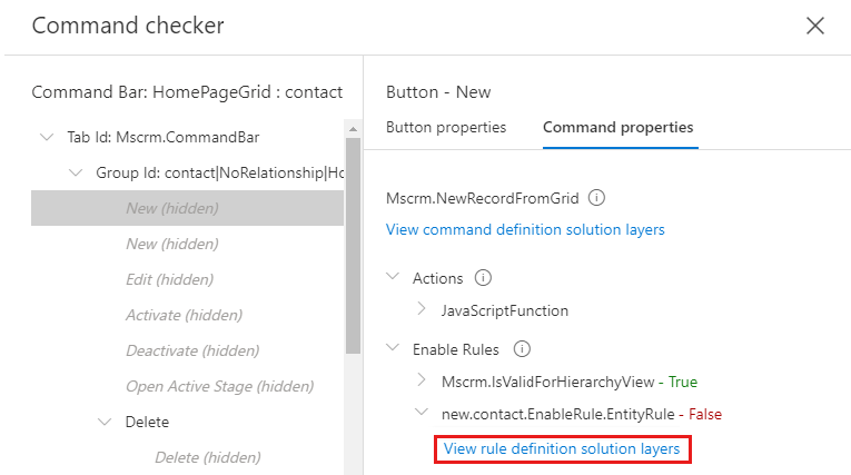 Screenshot of the View rule definition solution layers link under a rule name.