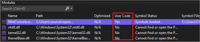 User code in the Modules window Screenshot of user code in the Modules window.