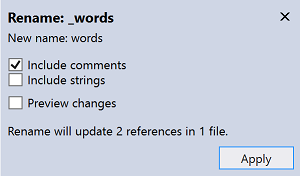 Screenshot of a Rename dialog box in Visual Studio.