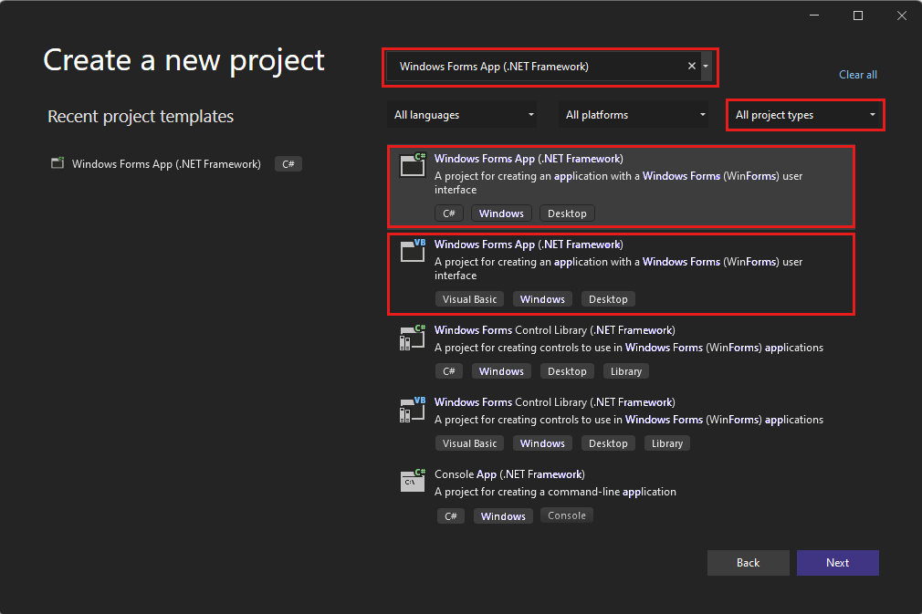 Screenshot shows the Create a new project dialog box with Windows Forms entered and options for Windows Forms App.