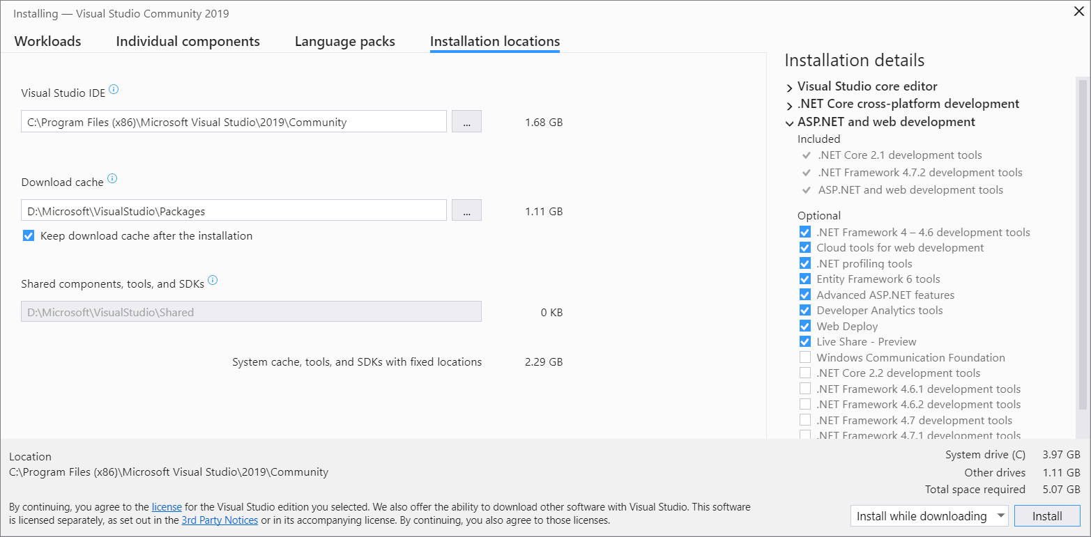 Screenshot showing the Installation locations tab of the Visual Studio Installer.