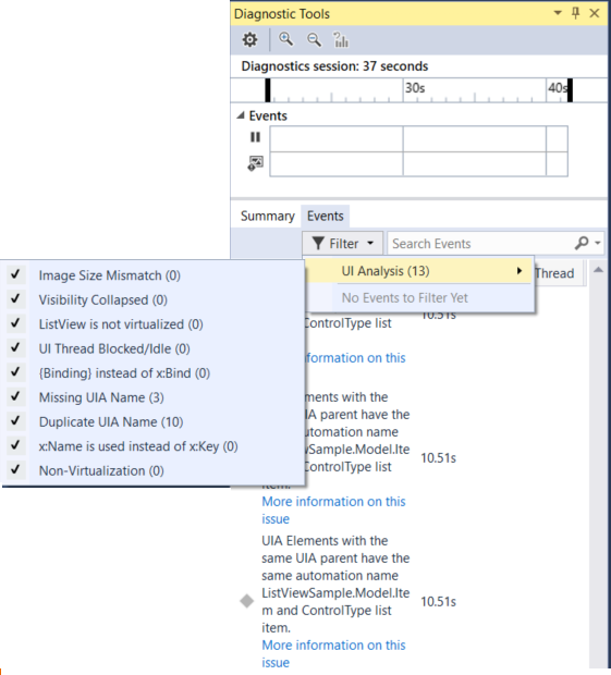 View UI analysis events in the diagnostic tools