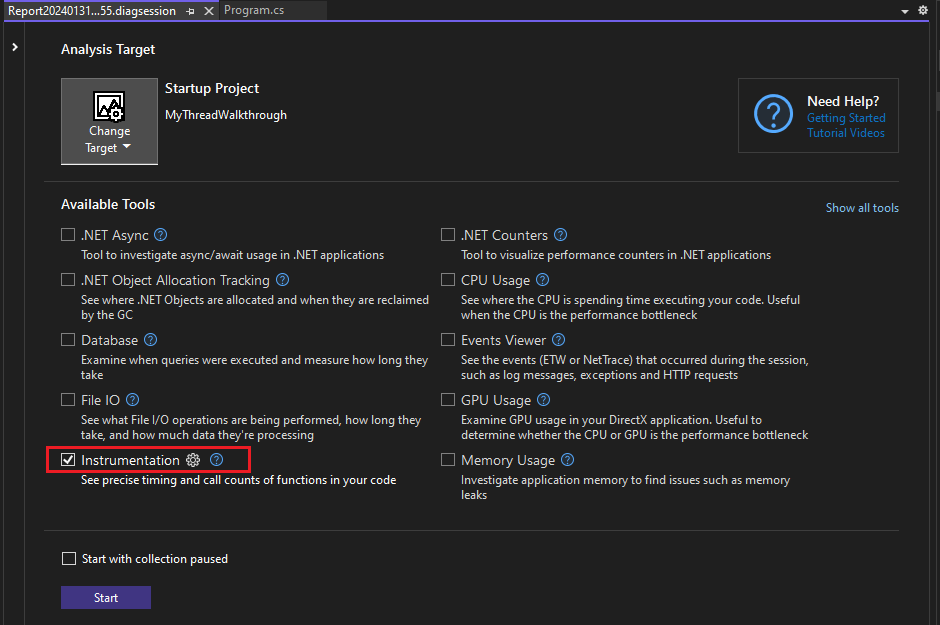 Screenshot showing Instrumentation tool selected.