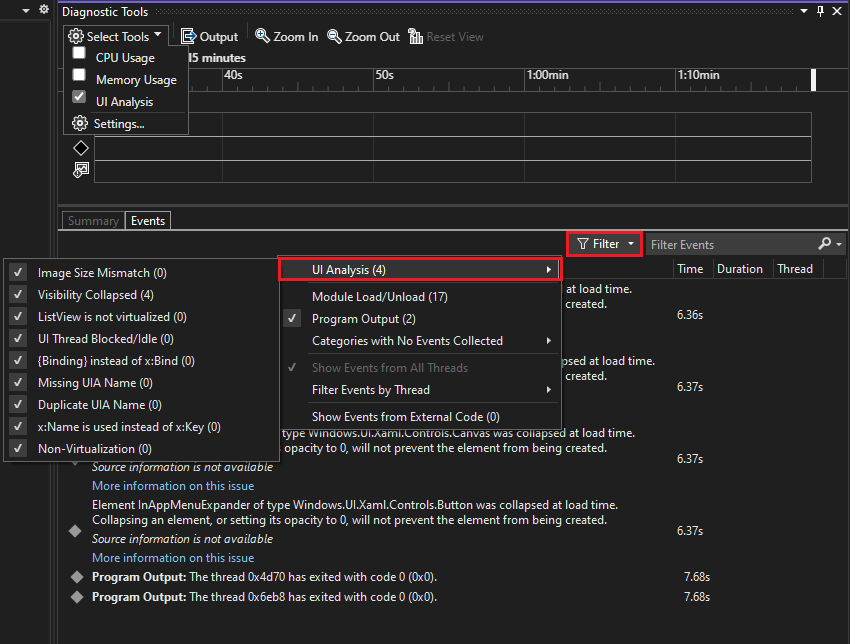 View UI analysis events in the diagnostic tools