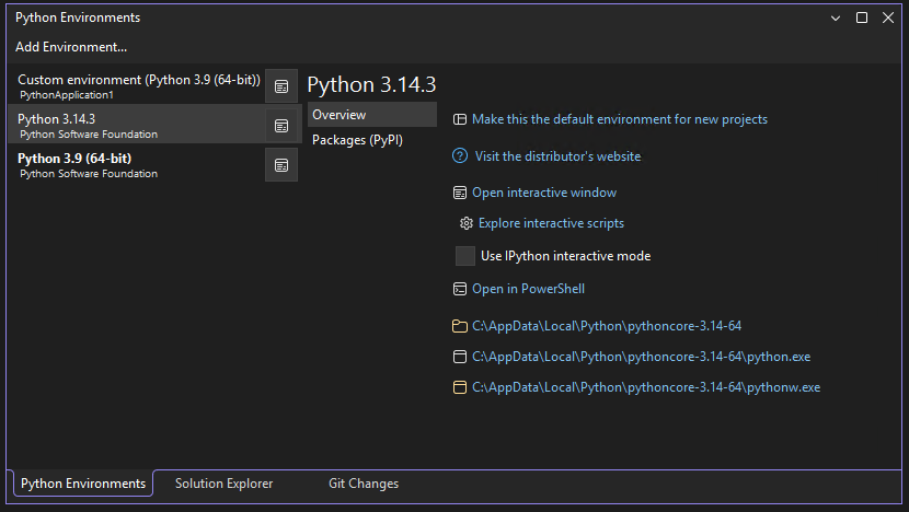 Screenshot that shows the expanded view of the Python Environments window in Visual Studio.