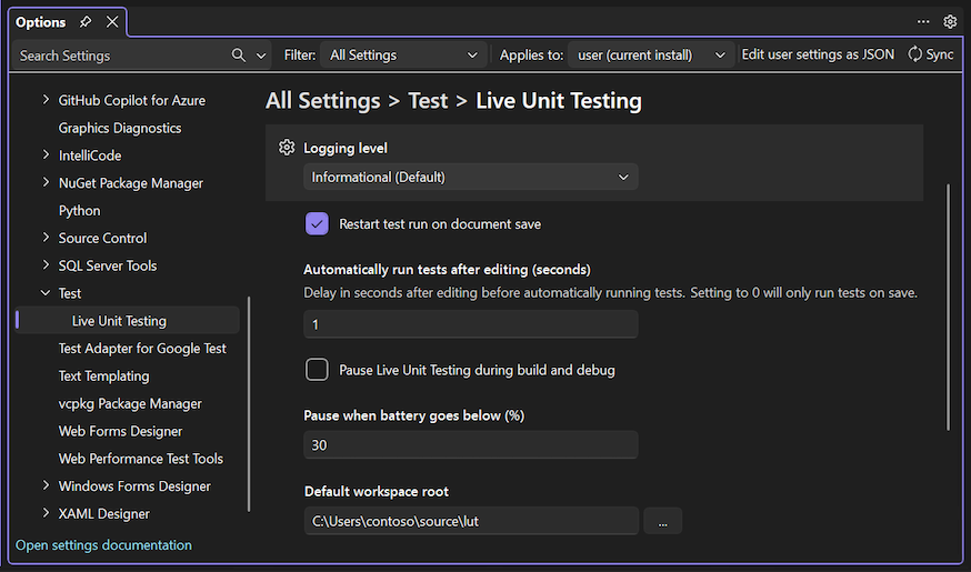 Screenshot that shows Live Unit Testing configuration options.