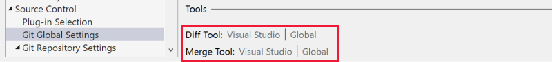 Screenshot that shows the section to set default Diff tool and Merge tool in the Options dialog box.