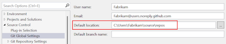 Screenshot of the 'Default location' option in the Options dialog.