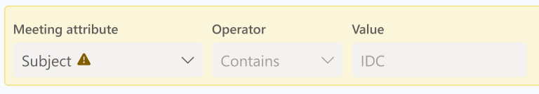 Screenshot of a yellow warning on a filter for which the Meeting attribute is Subject.