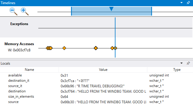 Screenshot of memory access timeline and the Locals window displaying locals values with differing source and destination values.