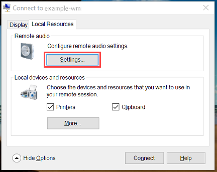 Screenshot of the Local Resources tab of the connection dialog. Under Remote audio, the Settings button is highlighted.