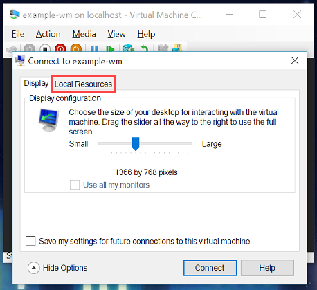 Screenshot of the connection dialog. The Local Resources tab is highlighted.