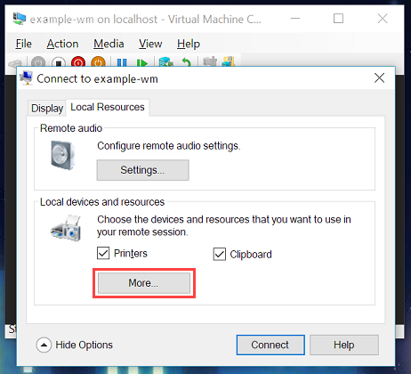Screenshot of the Local Resources tab of the connection dialog. Under local devices and resources, the More button is highlighted.