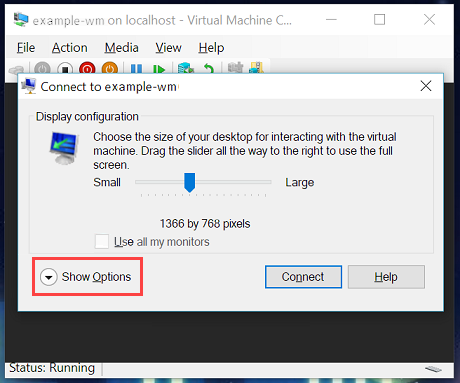 Screenshot of the connection dialog. The Show Options button is highlighted.