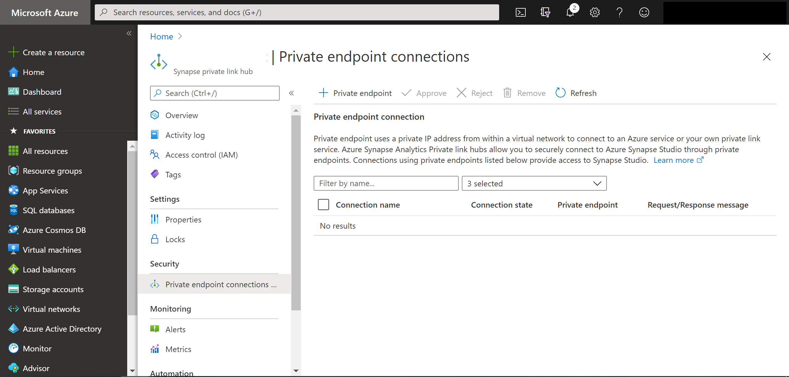 Screenshot that shows the private endpoint connections page.