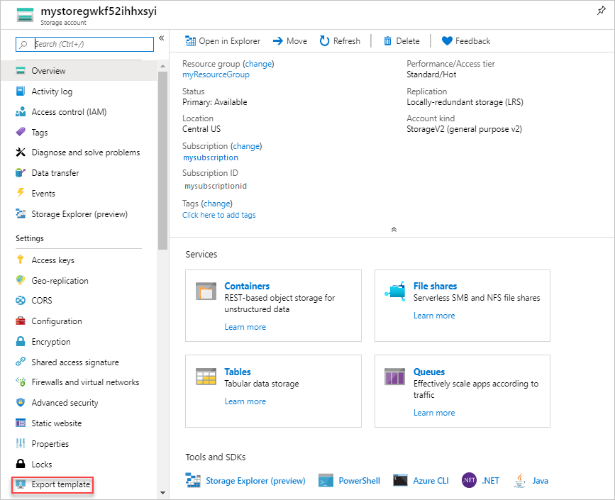 Screenshot of exporting a single resource in Azure portal.