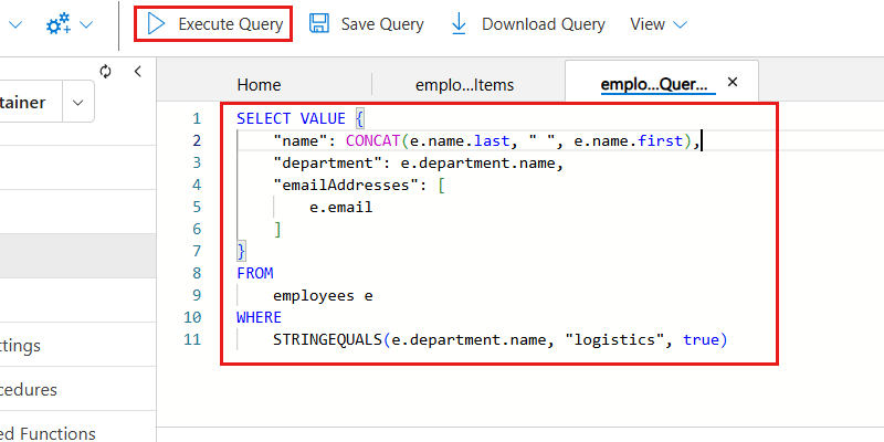 Screenshot of NoSQL query text within the Data Explorer.