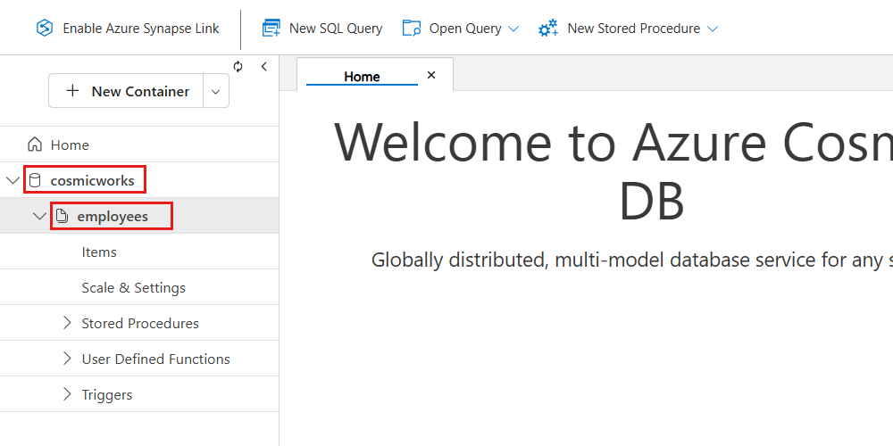 Screenshot of the Data Explorer hierarchy with a database container present.