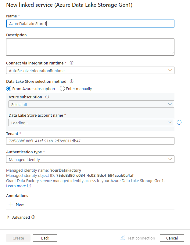 Screenshot of linked service configuration for Azure Data Lake Storage Gen1.