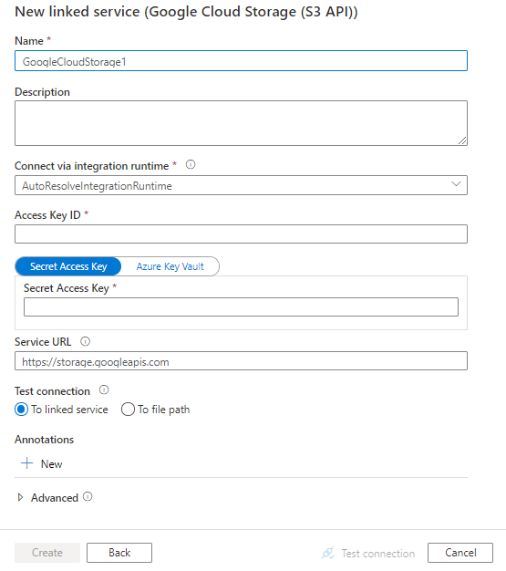 Configure a linked service to Google Cloud Storage.