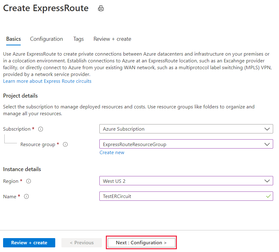 Screenshot of how to configure the resource group and region.