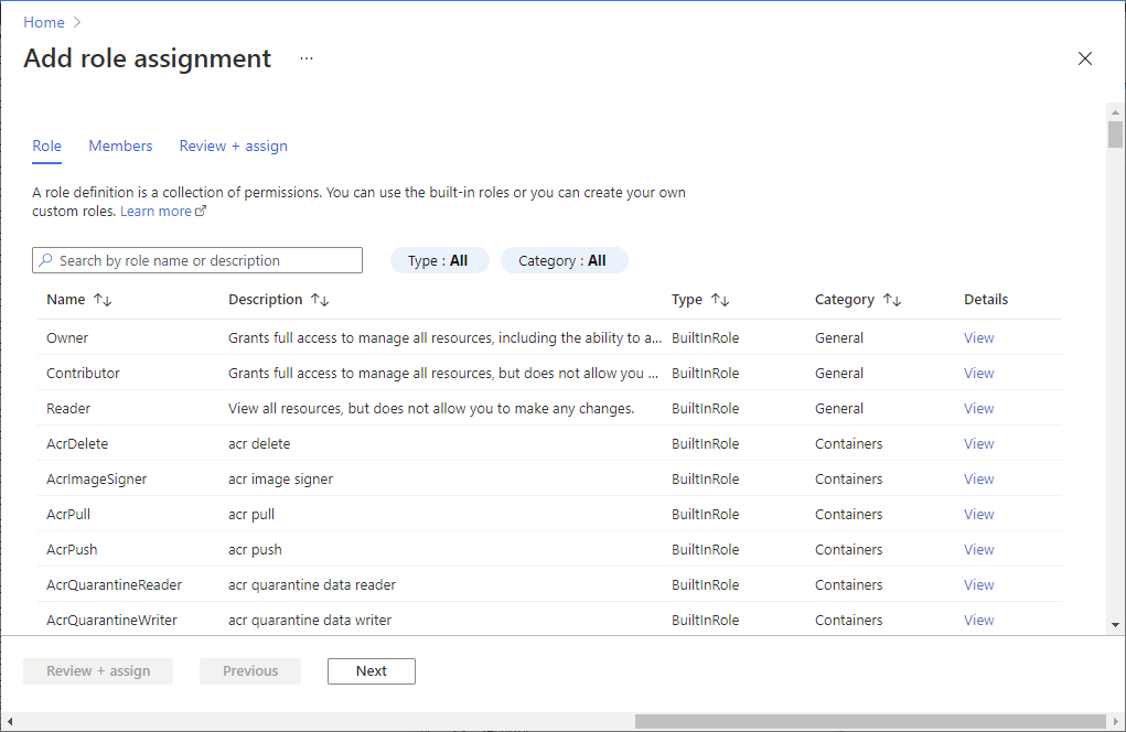 Screenshot of Add role assignment page in Azure portal.