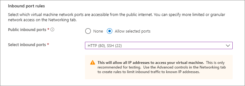 Screenshot of the inbound port rules section where you select what ports inbound connections are allowed on