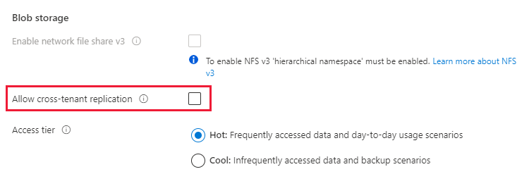 Screenshot showing how to disallow cross-tenant object replication for a new storage account