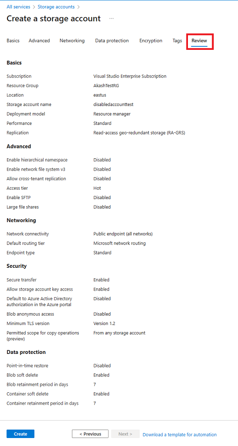 Screenshot showing a standard configuration for a new storage account - Review tab.