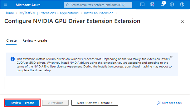 Screenshot that shows how to create the NVIDIA GPU Driver Extension on the selected virtual machine in the Azure portal.