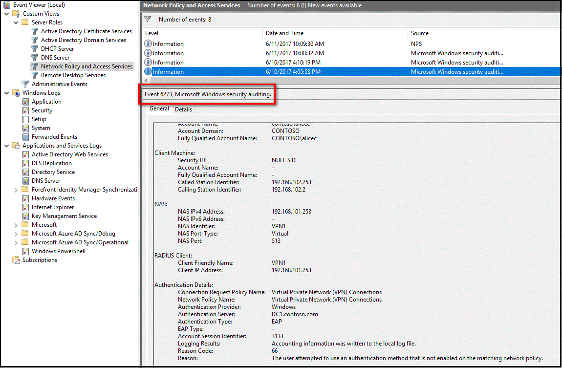 Event Viewer showing NPAS events