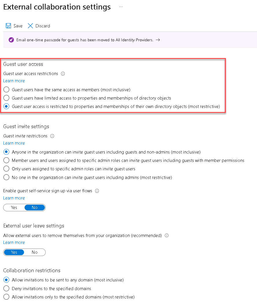 Azure AD external collaboration settings page